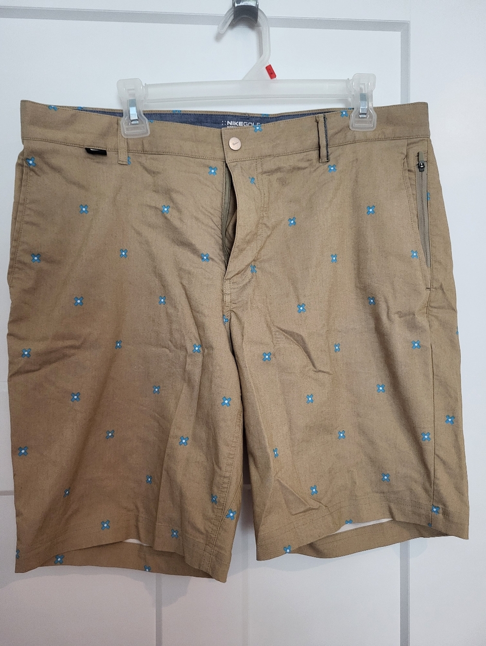 Nike Golf Men’s Khaki Shorts with Light Blue Accents, Zip Pocket Size 36